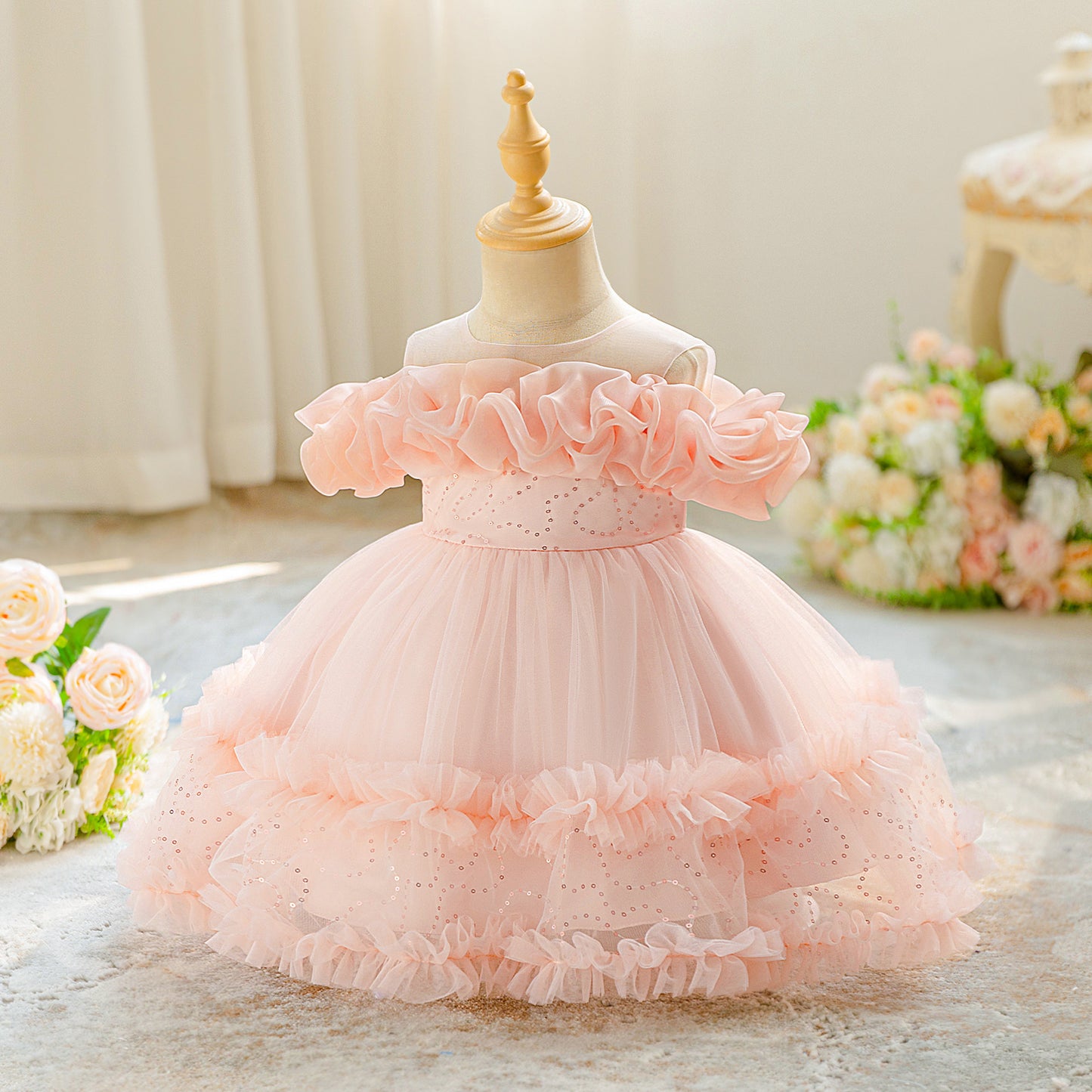 Light Pink Off Shoulder Ball Gown for Girls | Puffy Princess Mesh Dress