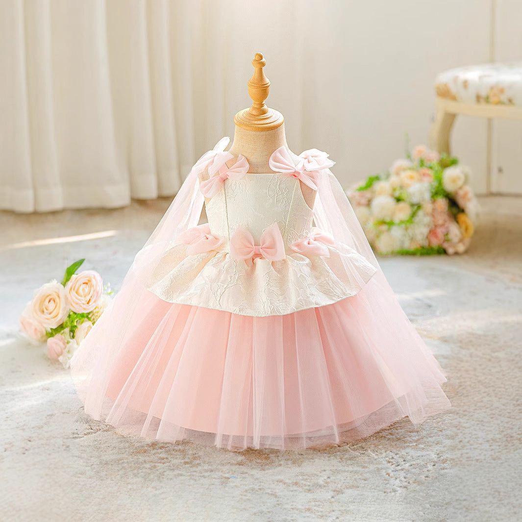 Cute Off-Shoulder Ball Gown Princess Dress for Little Girls – Tiered Tulle with Bow