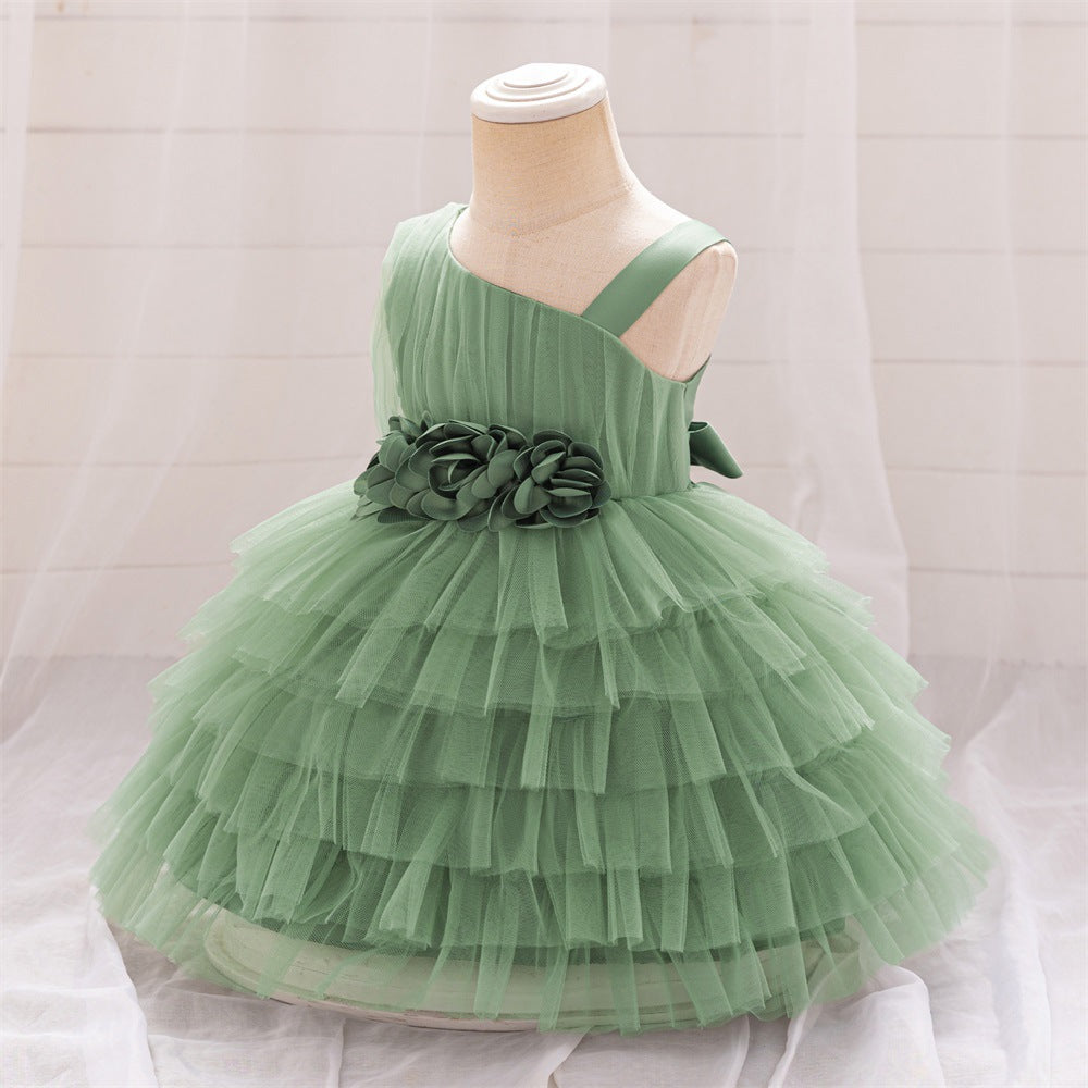 Cute Off-Shoulder Puffy Tulle Princess Dress with Flowers for Baby & Toddler Girls