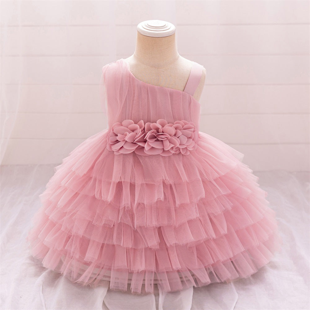 Cute Off-Shoulder Puffy Tulle Princess Dress with Flowers for Baby & Toddler Girls