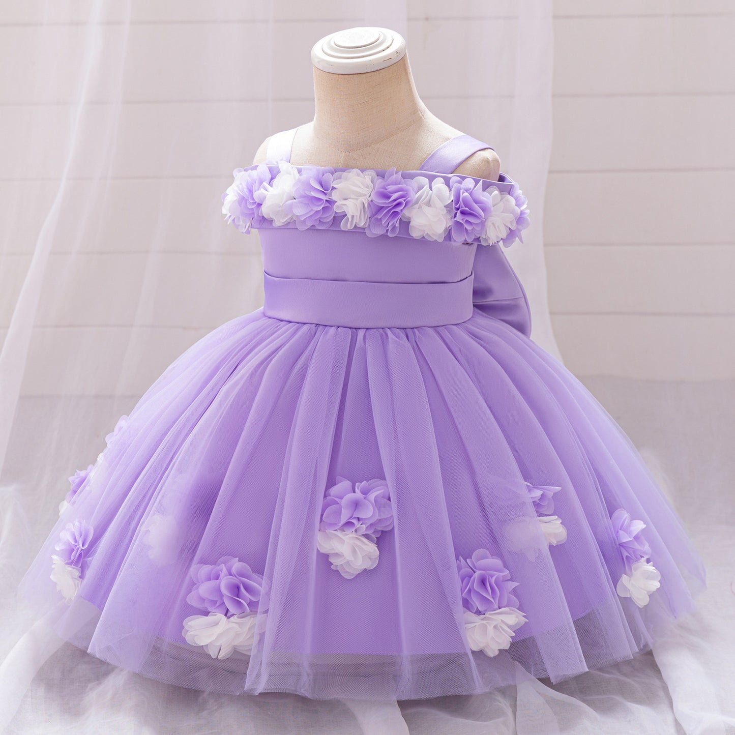 Cute Off-Shoulder Puffy Tulle Princess Dress for Toddler Girls