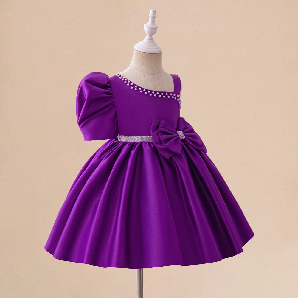 Cute Off-Shoulder Purple Satin Princess Dress for Girls – A-line Party & Wedding Outfit