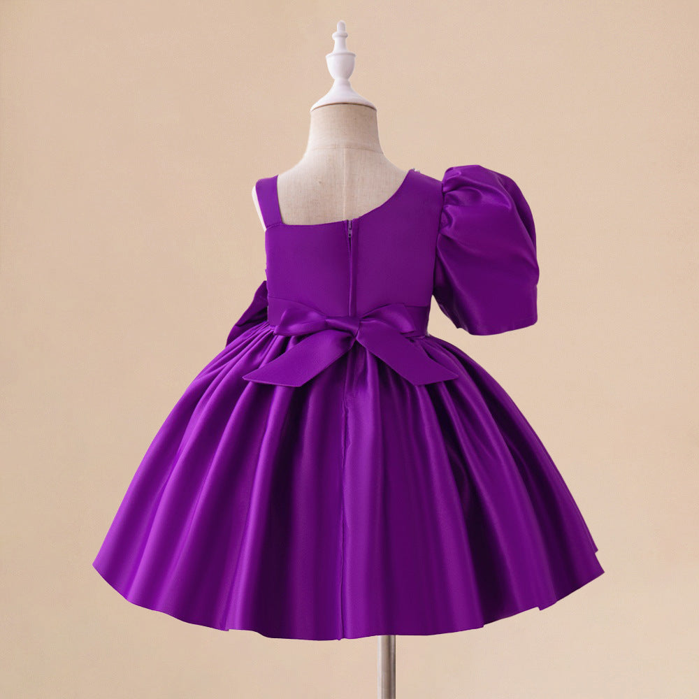 Cute Off-Shoulder Purple Satin Princess Dress for Girls – A-line Party & Wedding Outfit