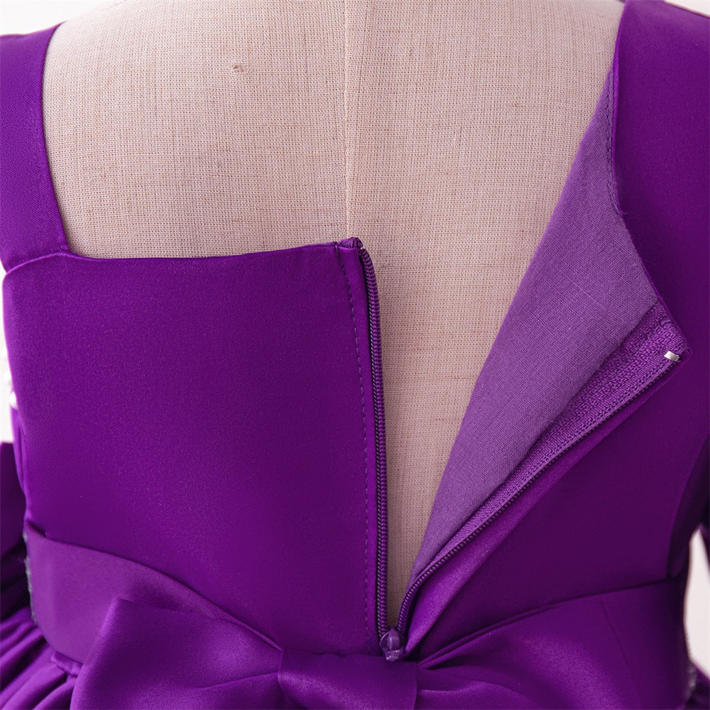 Cute Off-Shoulder Purple Satin Princess Dress for Girls – A-line Party & Wedding Outfit