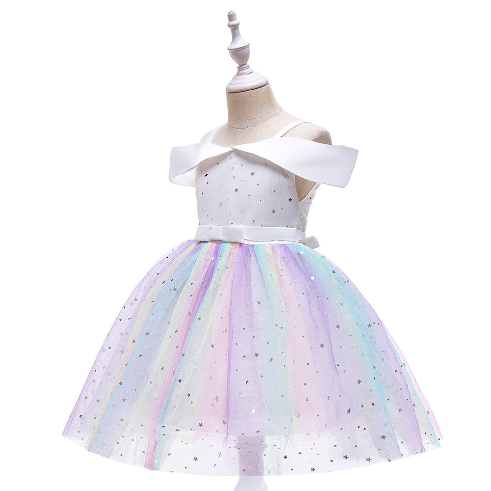 Off-Shoulder Sequin Princess Dress for Girls | Tea Length A-Line Kids Party Dress