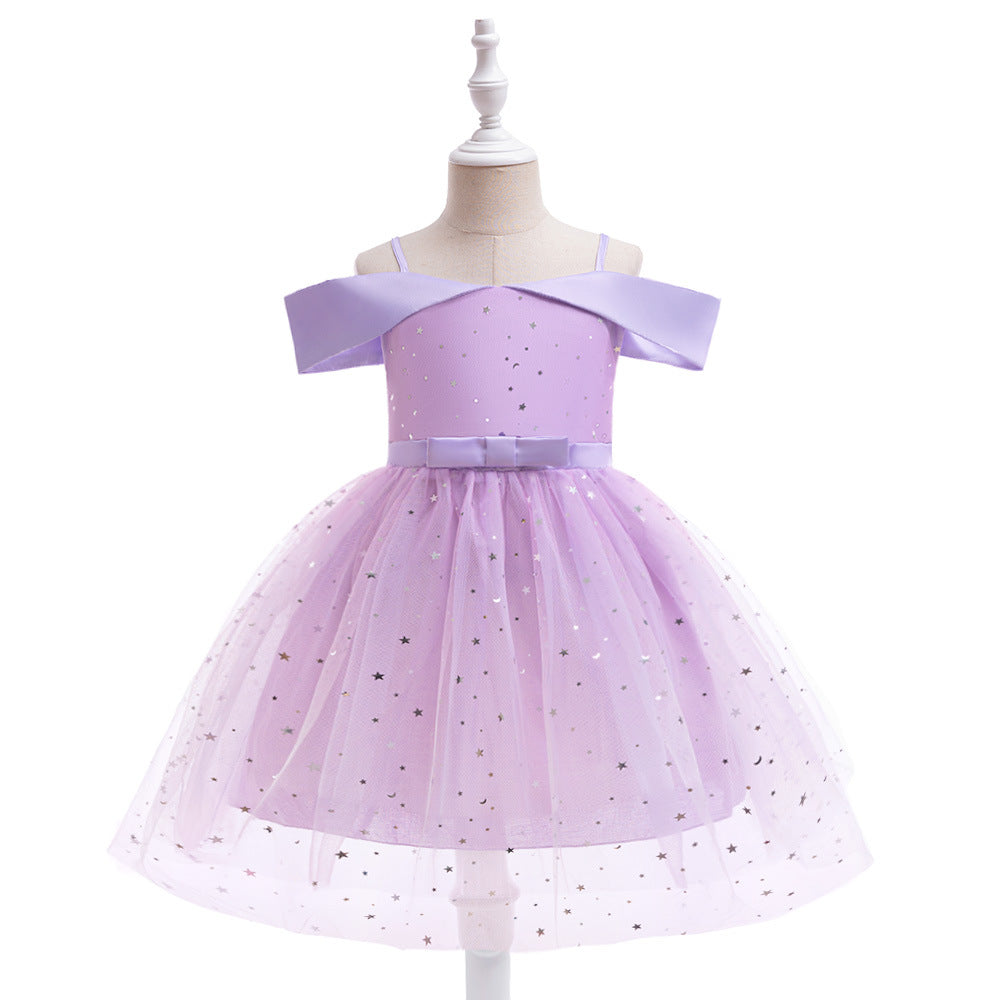 Off-Shoulder Sequin Princess Dress for Girls | Tea Length A-Line Kids Party Dress