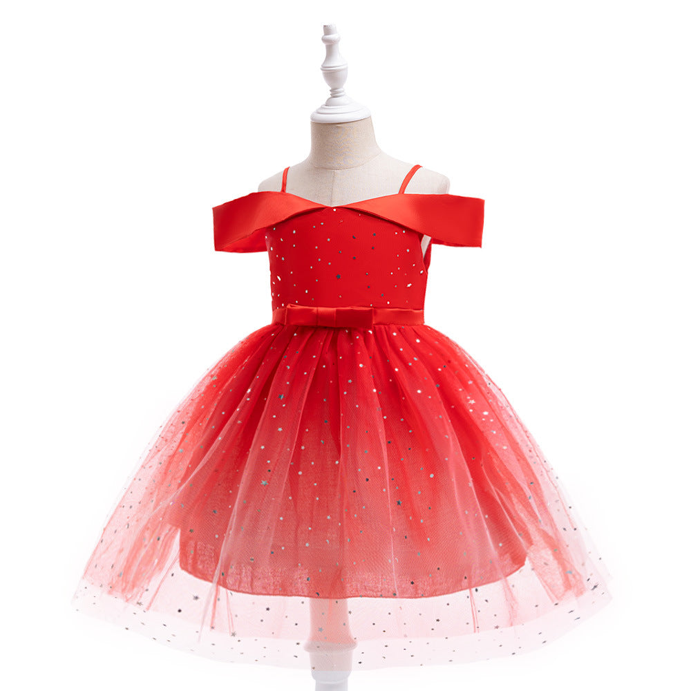 Off-Shoulder Sequin Princess Dress for Girls | Tea Length A-Line Kids Party Dress
