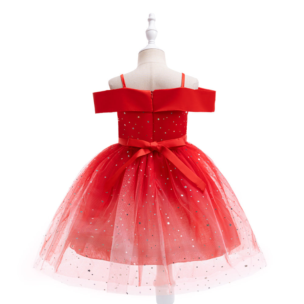 Off-Shoulder Sequin Princess Dress for Girls | Tea Length A-Line Kids Party Dress