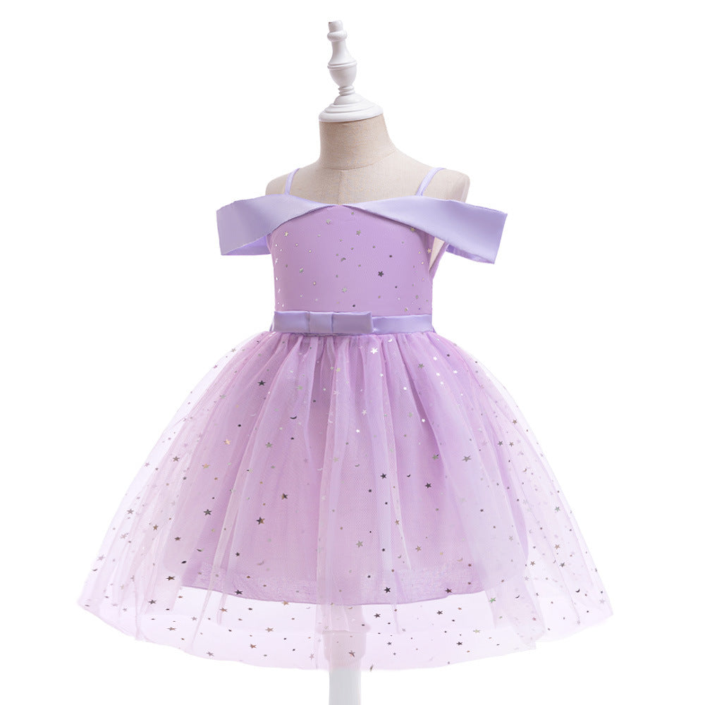 Off-Shoulder Sequin Princess Dress for Girls | Tea Length A-Line Kids Party Dress