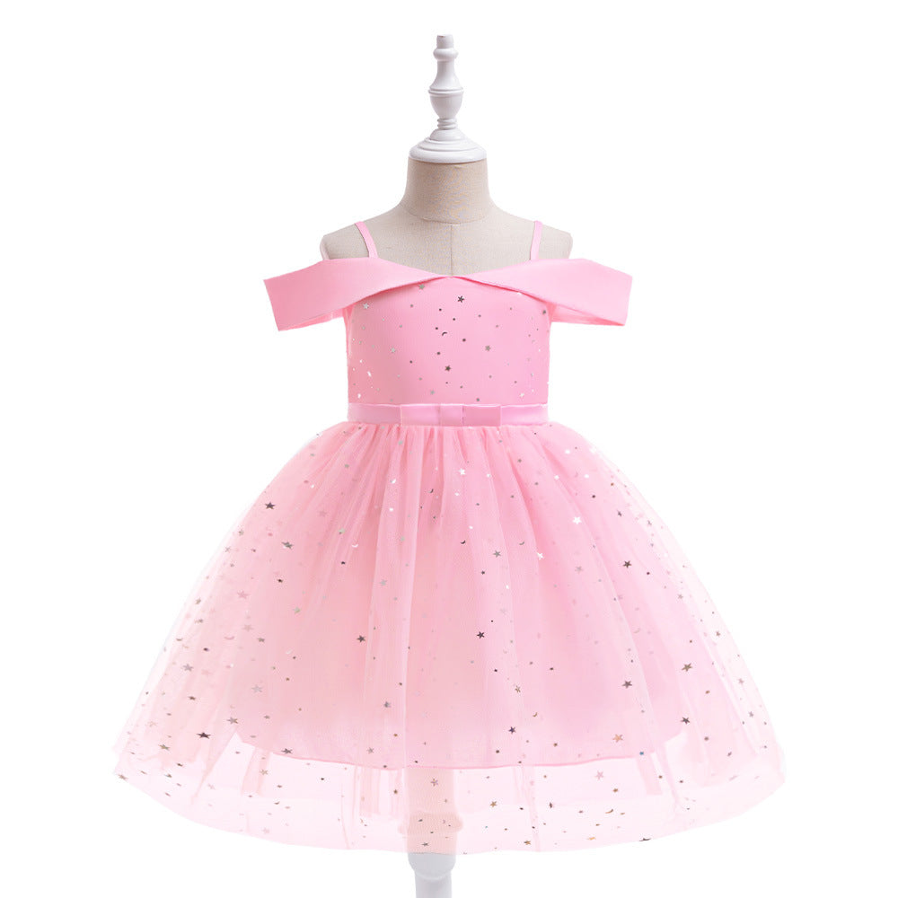 Off-Shoulder Sequin Princess Dress for Girls | Tea Length A-Line Kids Party Dress