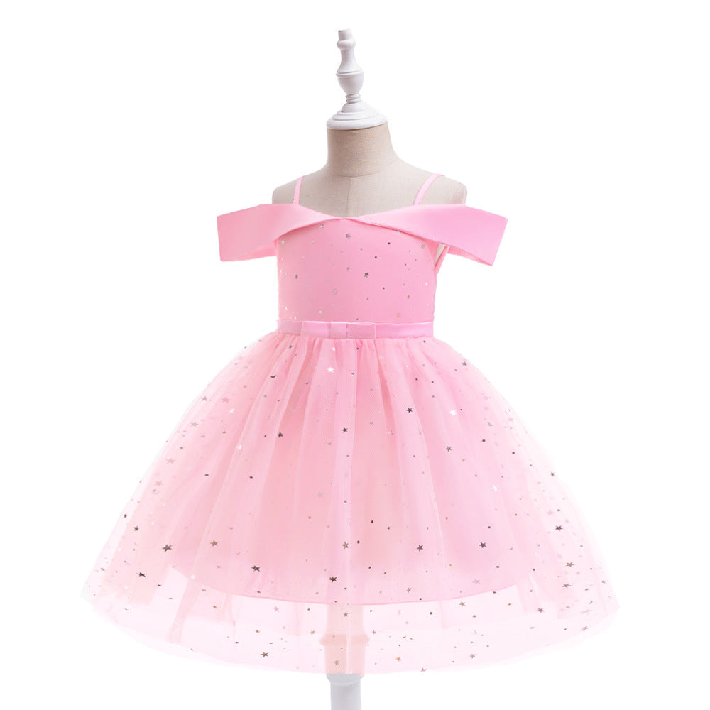 Off-Shoulder Sequin Princess Dress for Girls | Tea Length A-Line Kids Party Dress