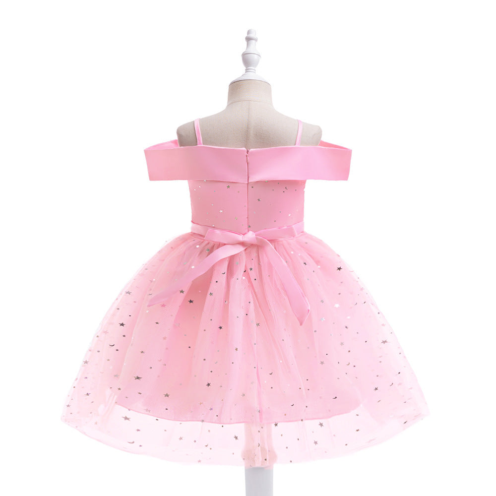 Off-Shoulder Sequin Princess Dress for Girls | Tea Length A-Line Kids Party Dress