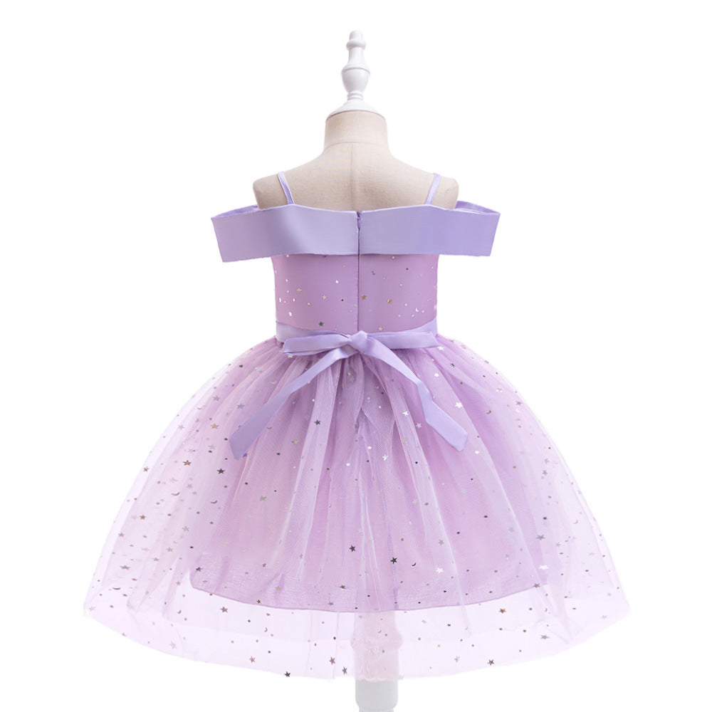Off-Shoulder Sequin Princess Dress for Girls | Tea Length A-Line Kids Party Dress