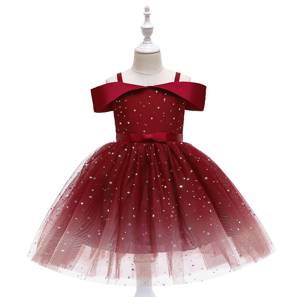 Off-Shoulder Sequin Princess Dress for Girls | Tea Length A-Line Kids Party Dress