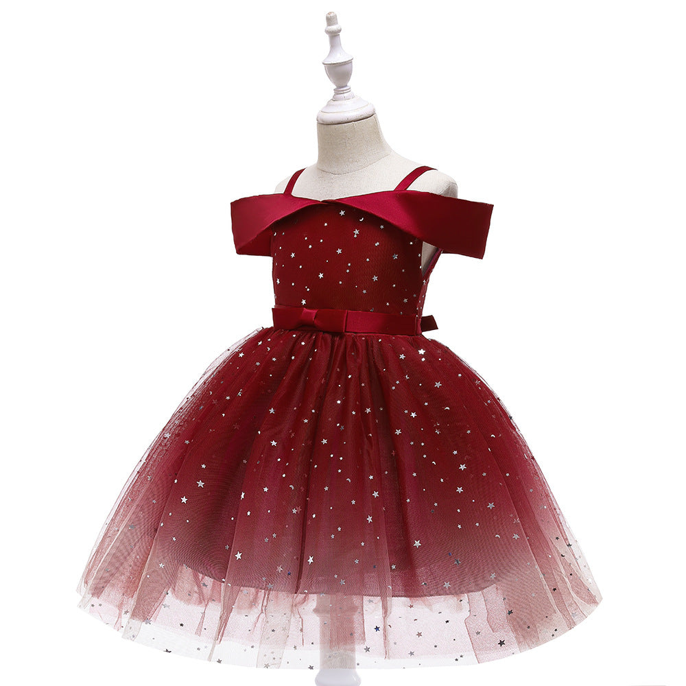 Off-Shoulder Sequin Princess Dress for Girls | Tea Length A-Line Kids Party Dress