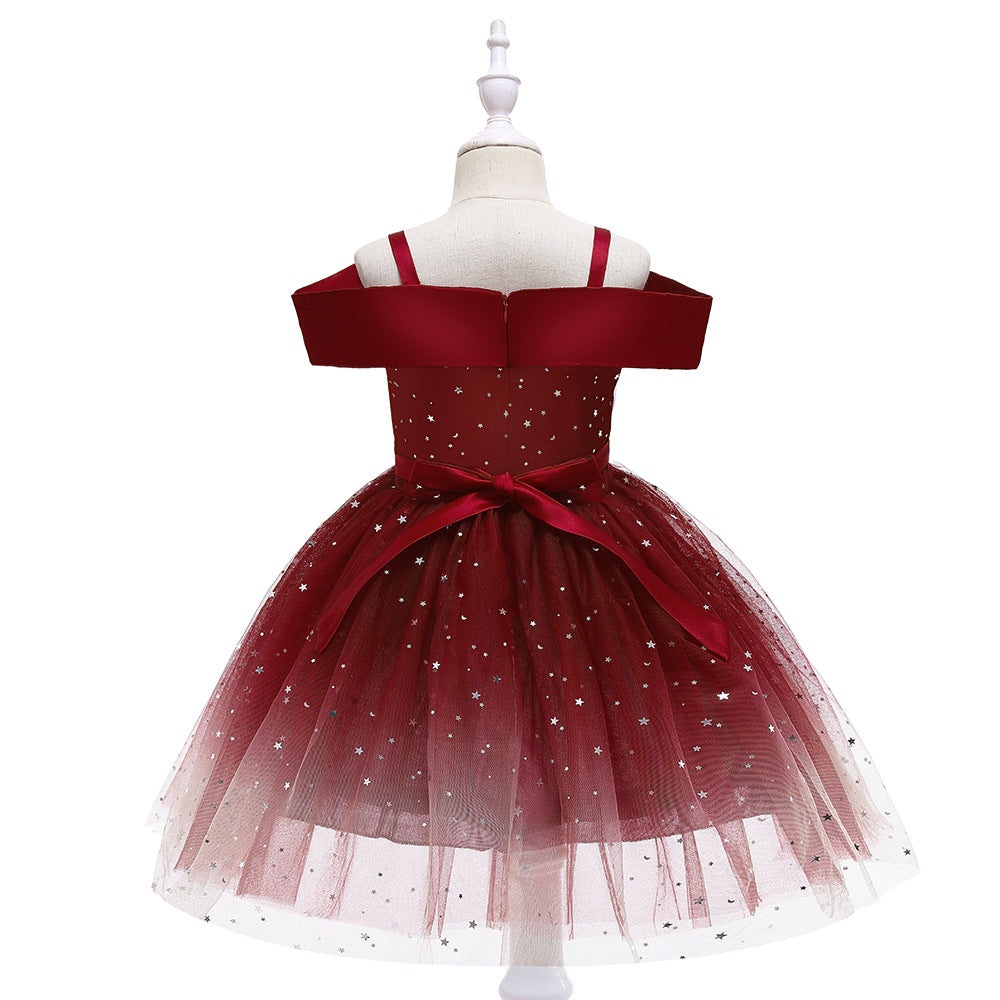 Off-Shoulder Sequin Princess Dress for Girls | Tea Length A-Line Kids Party Dress
