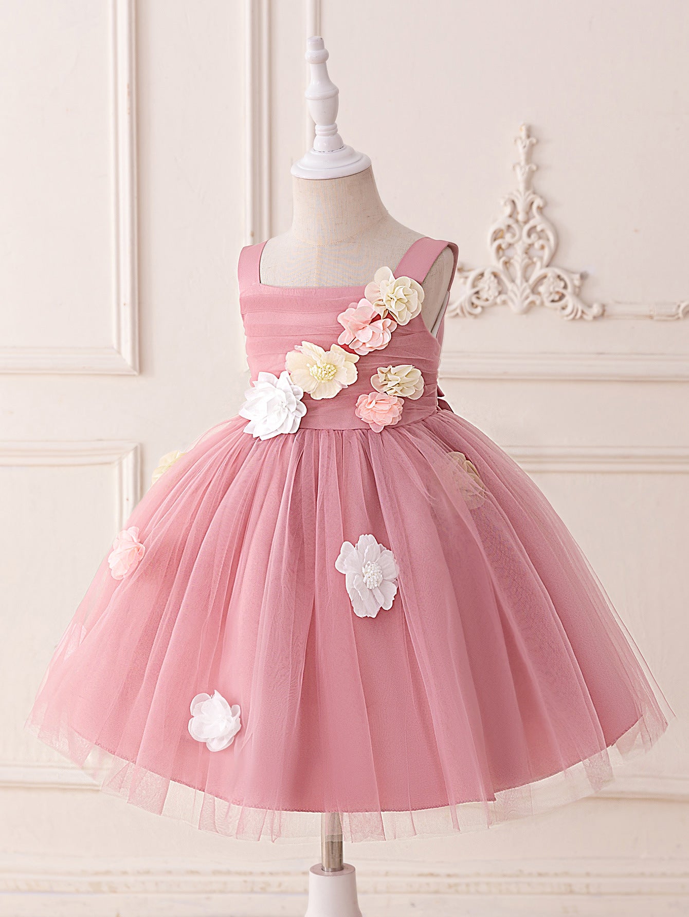 Cute Off Shoulder Tulle Tea Length Flower Girl Dress with Appliques for Parties & Weddings