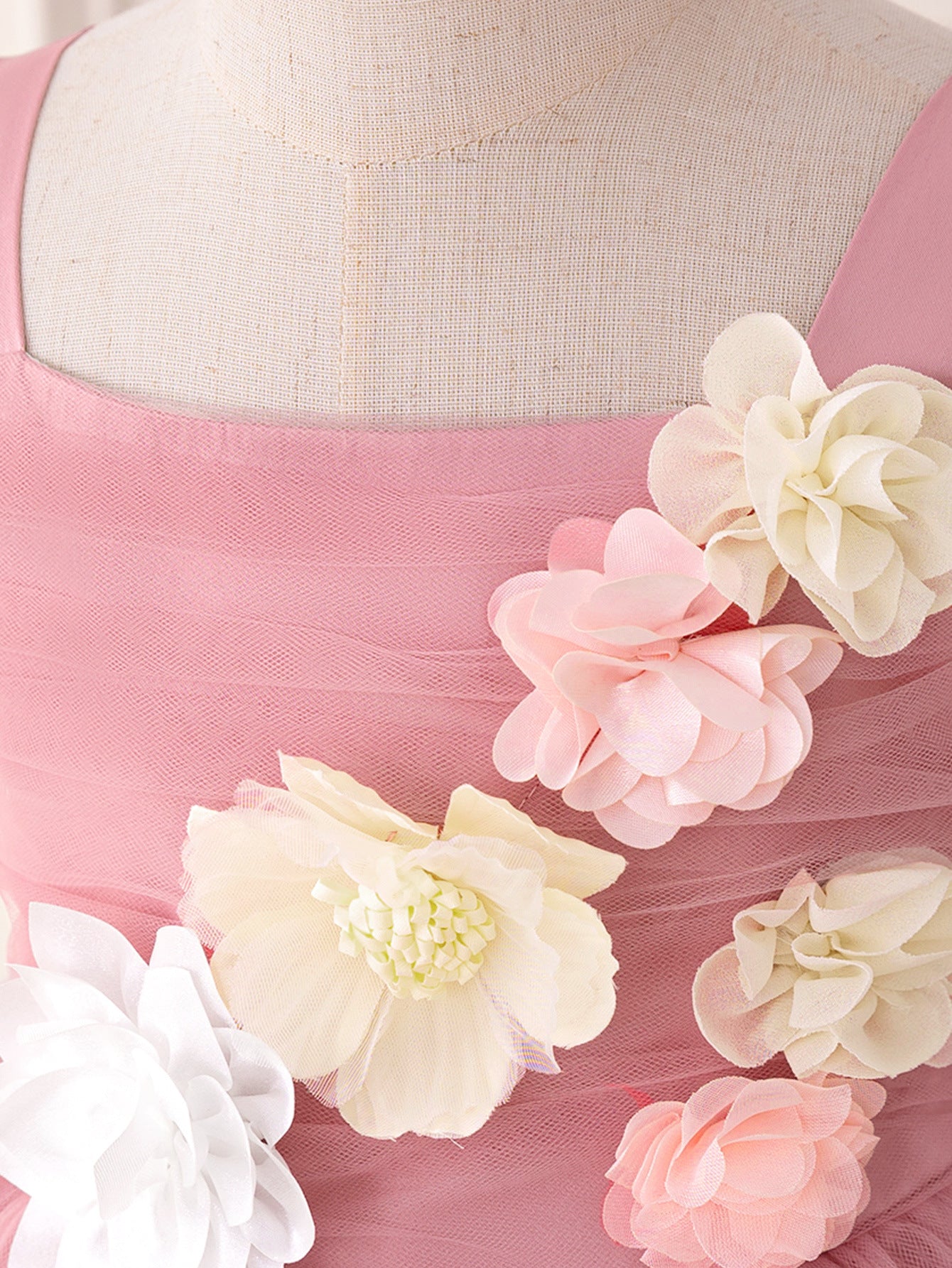 Cute Off Shoulder Tulle Tea Length Flower Girl Dress with Appliques for Parties & Weddings