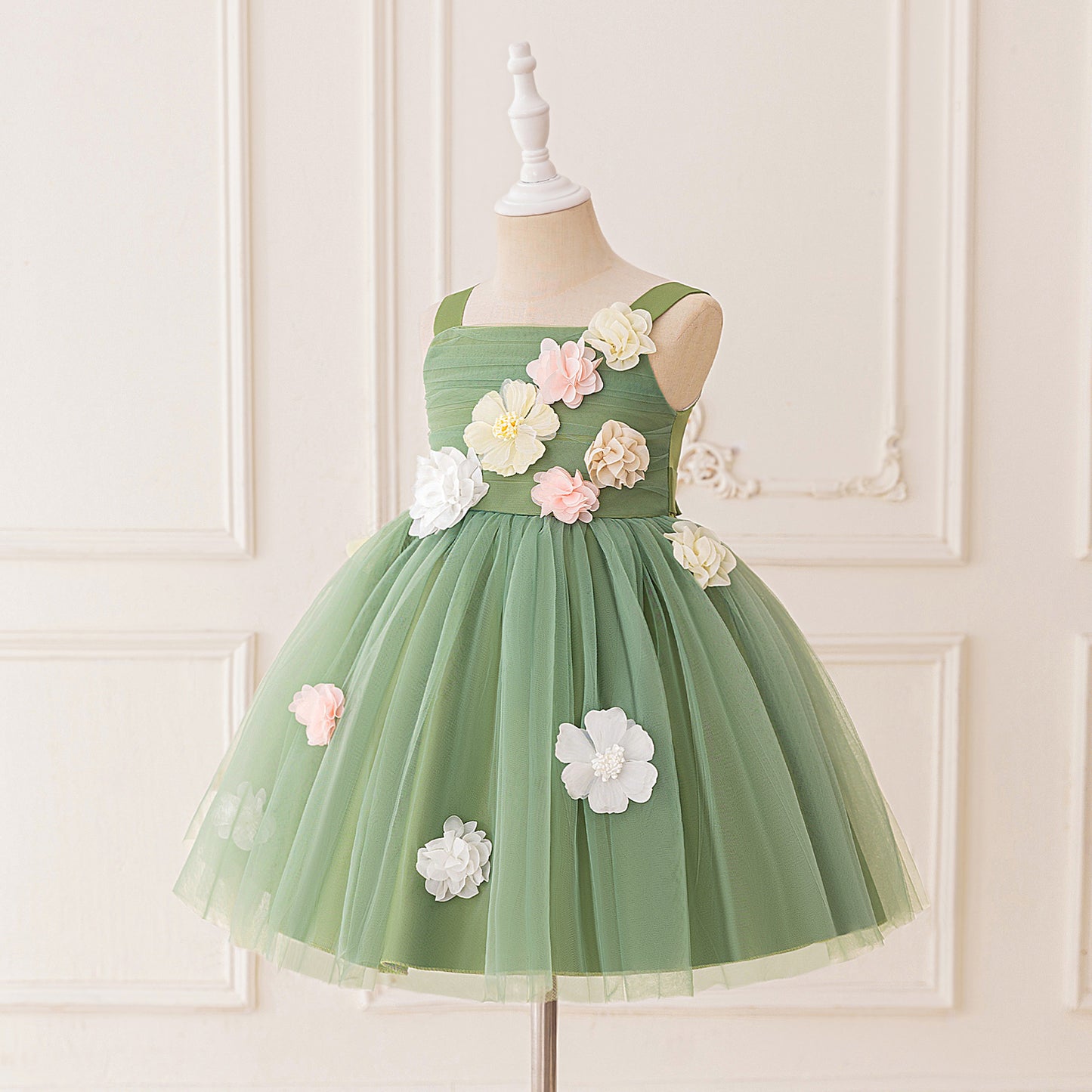 Cute Off Shoulder Tulle Tea Length Flower Girl Dress with Appliques for Parties & Weddings