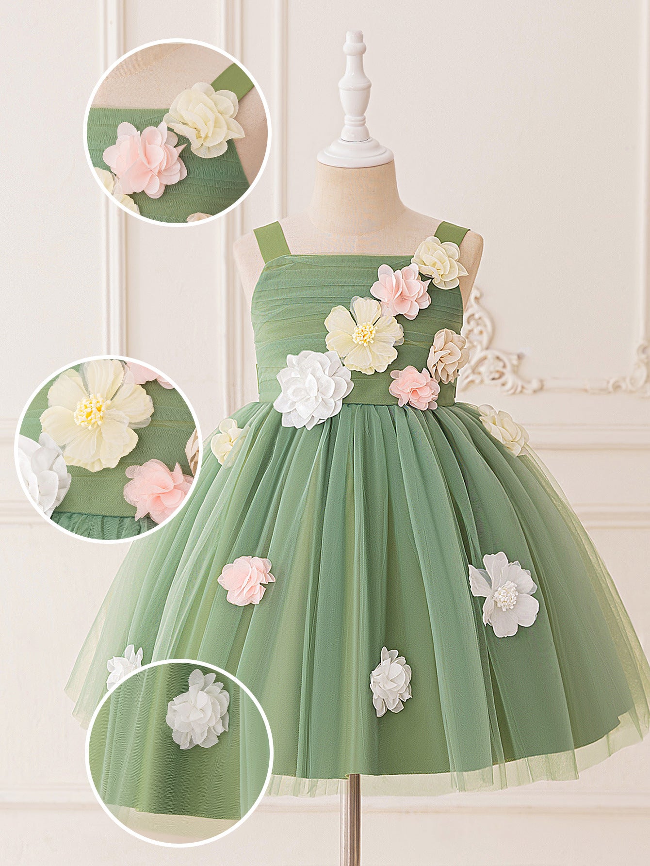 Cute Off Shoulder Tulle Tea Length Flower Girl Dress with Appliques for Parties & Weddings