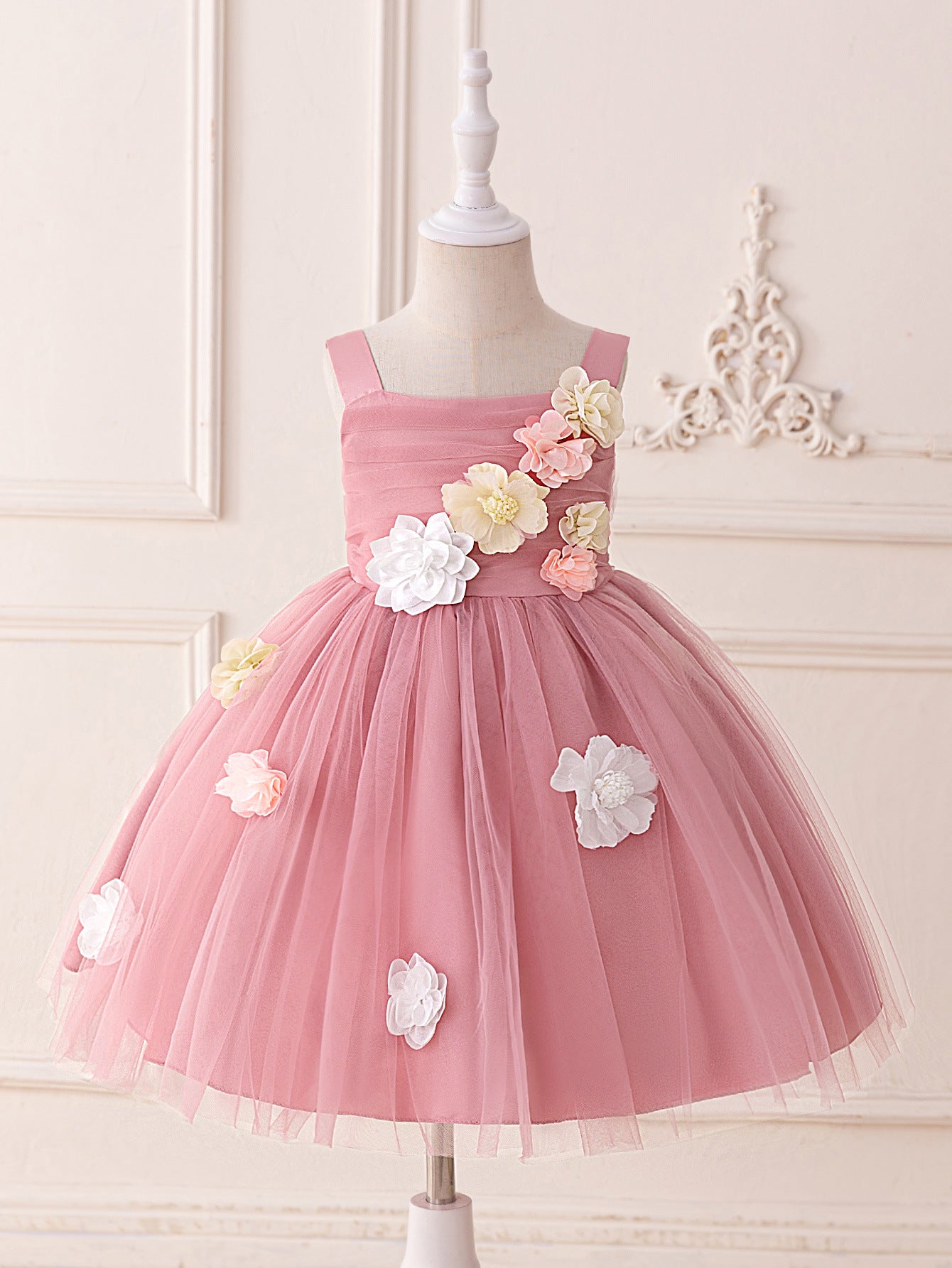 Cute Off Shoulder Tulle Tea Length Flower Girl Dress with Appliques for Parties & Weddings