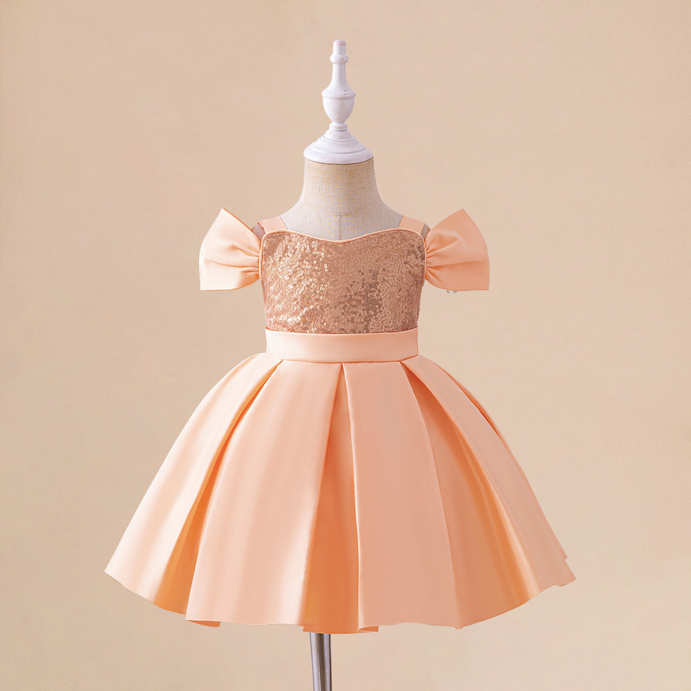 Peach Sequin Off-Shoulder A-Line Baby Party Dress | Cute Ruffle Flower Girl Gown