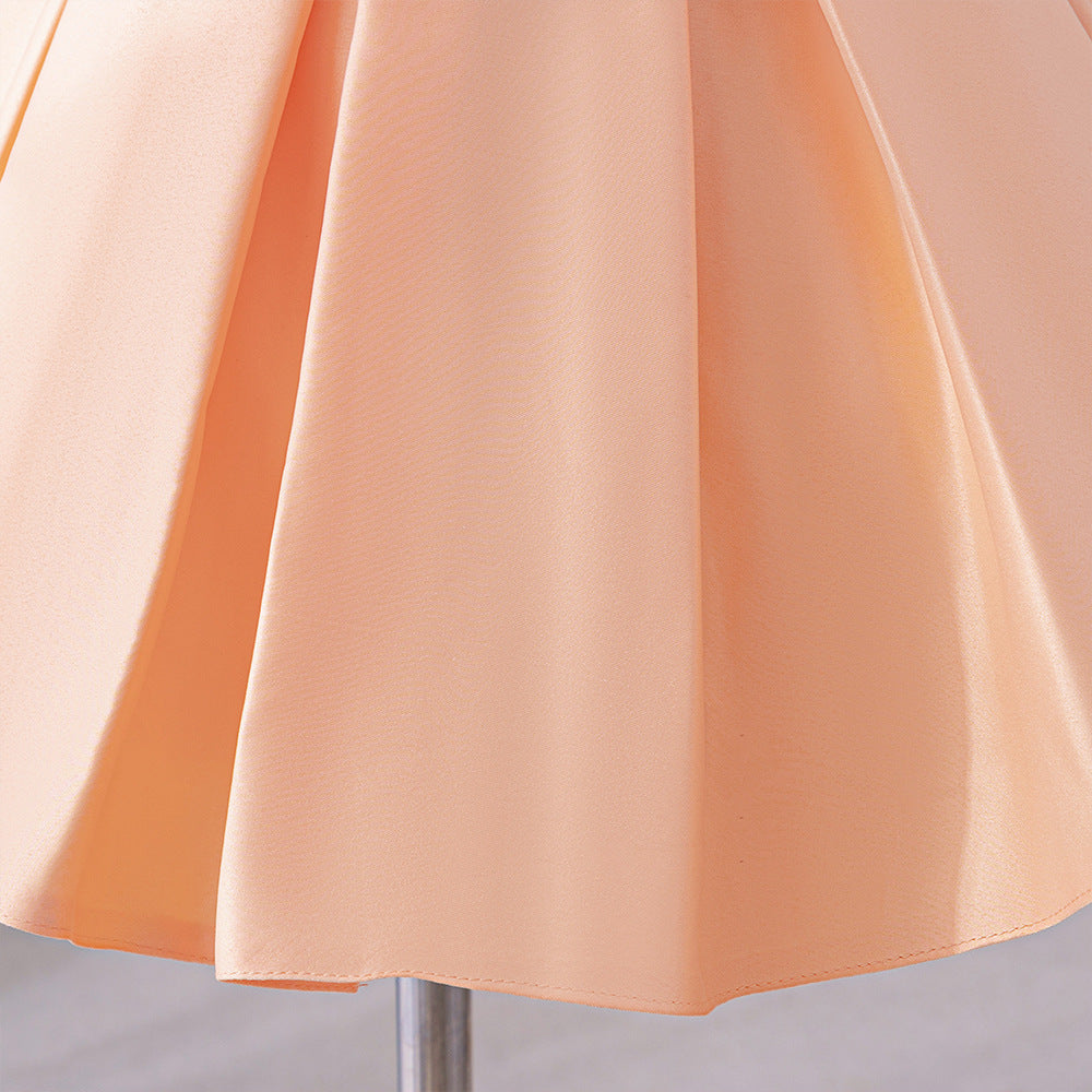 Peach Sequin Off-Shoulder A-Line Baby Party Dress | Cute Ruffle Flower Girl Gown