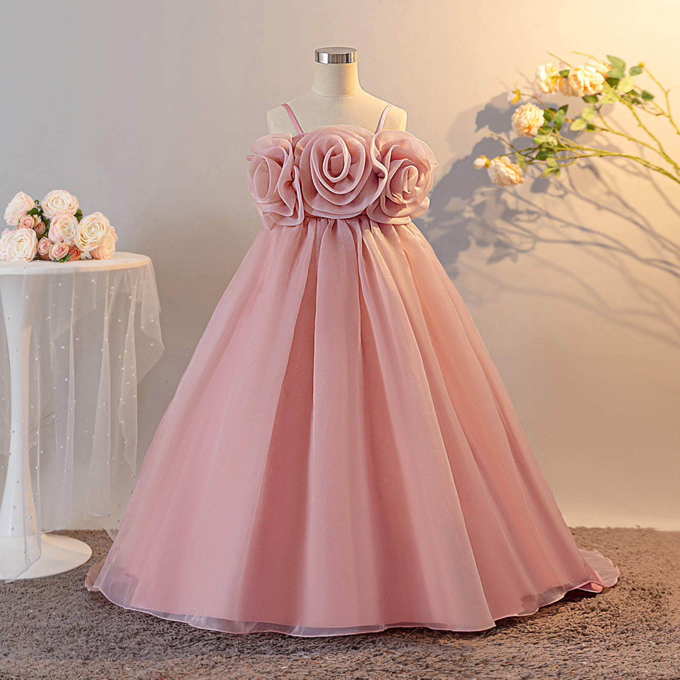 Pink Off-Shoulder Floral Organza Maxi Dress for Girls | A-Line Princess Party Gown