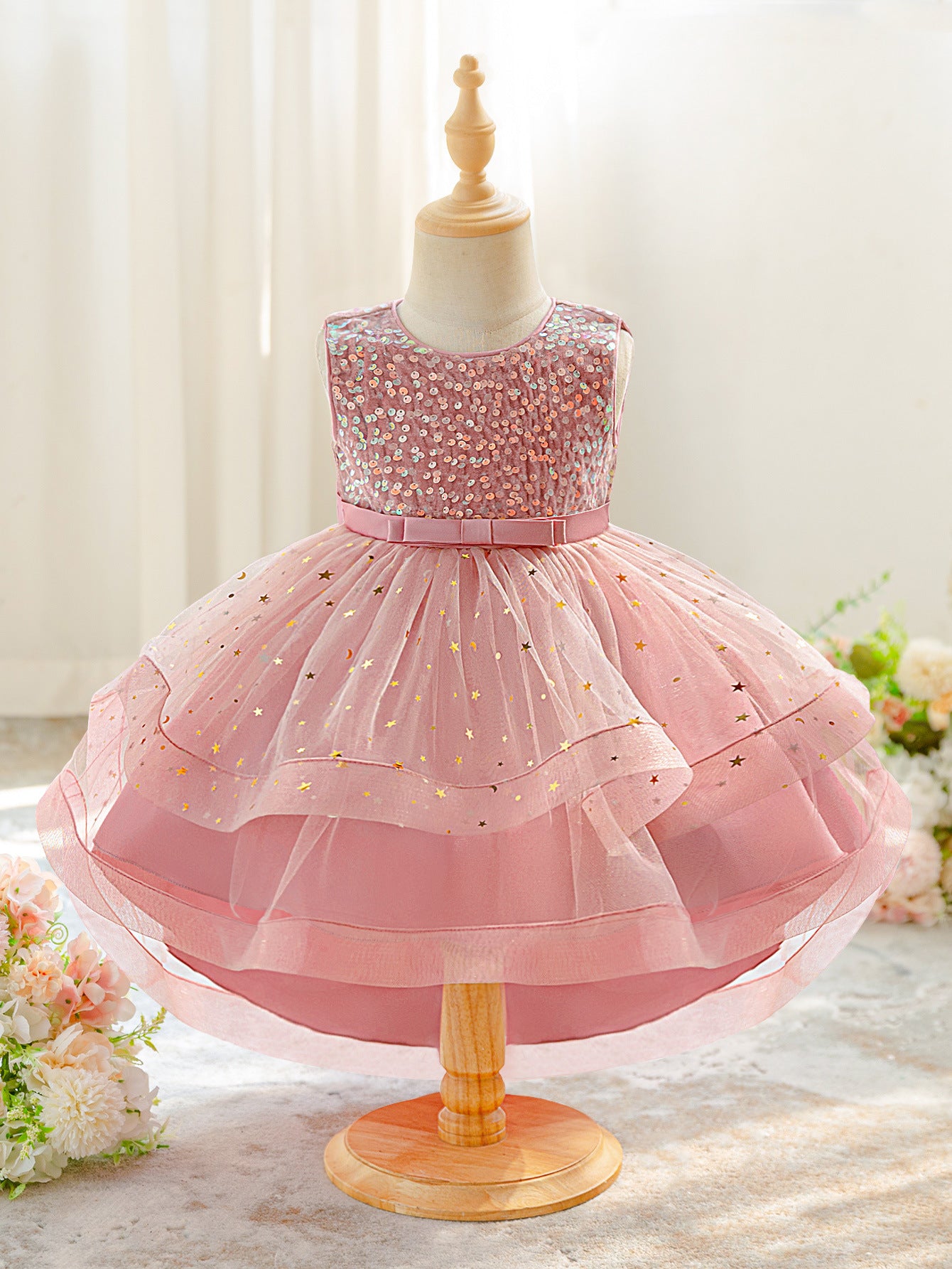 Pink Sequin Puffy Ball Gown Dress for Girls - High-Low Tulle Party Dress