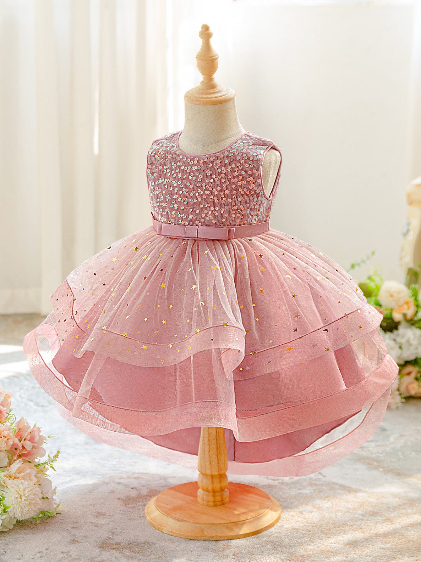 Pink Sequin Puffy Ball Gown Dress for Girls - High-Low Tulle Party Dress