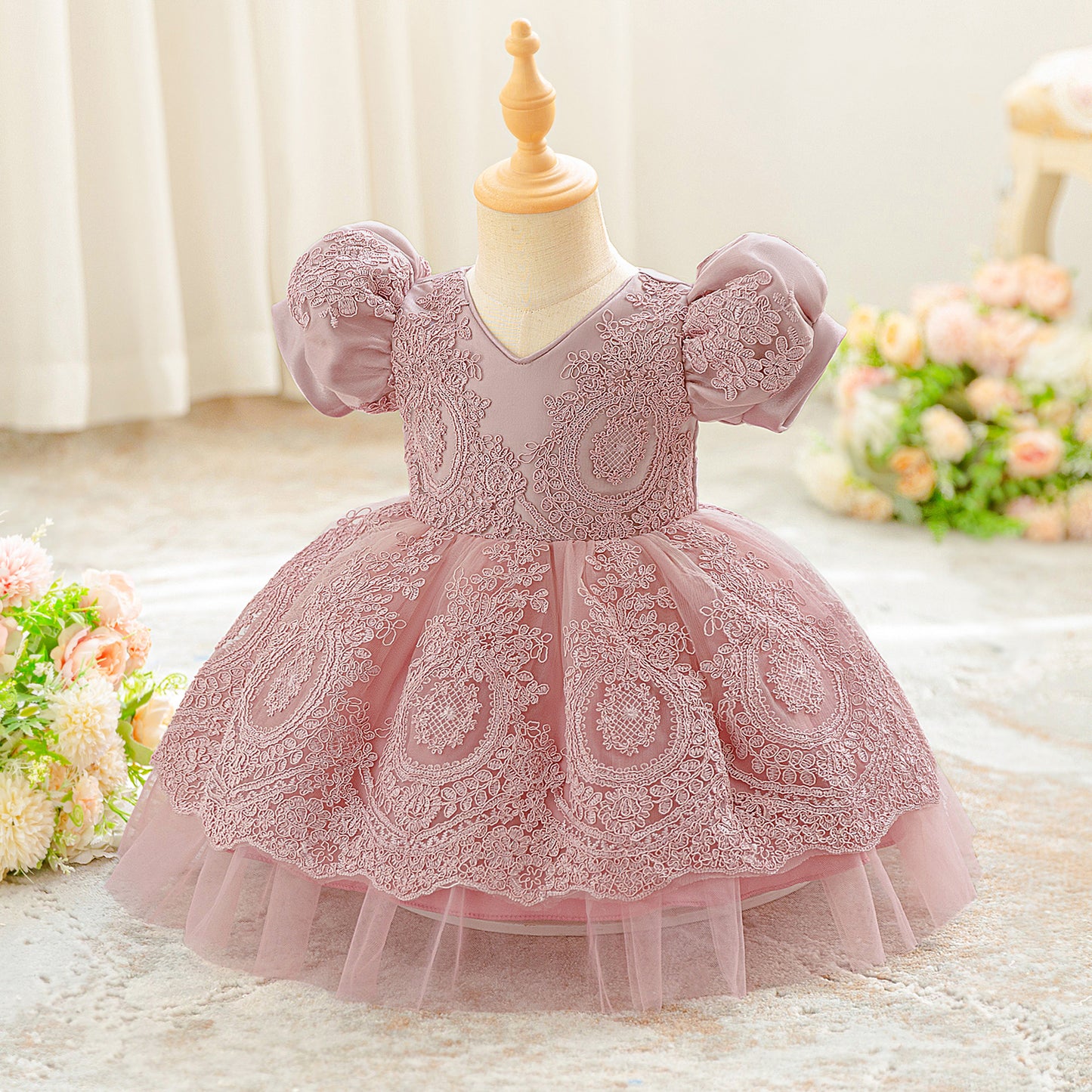 Pink Lace Ball Gown Princess Dress for Girls | Puff Sleeve Tea Length Toddler Party Dress