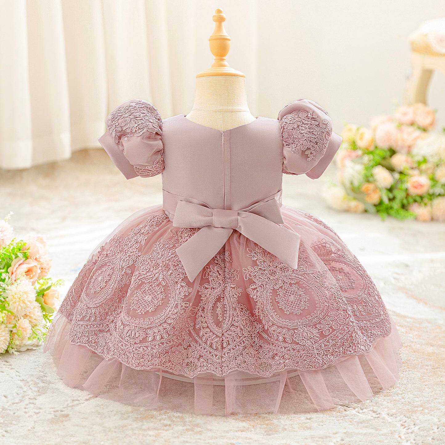 Pink Lace Ball Gown Princess Dress for Girls | Puff Sleeve Tea Length Toddler Party Dress