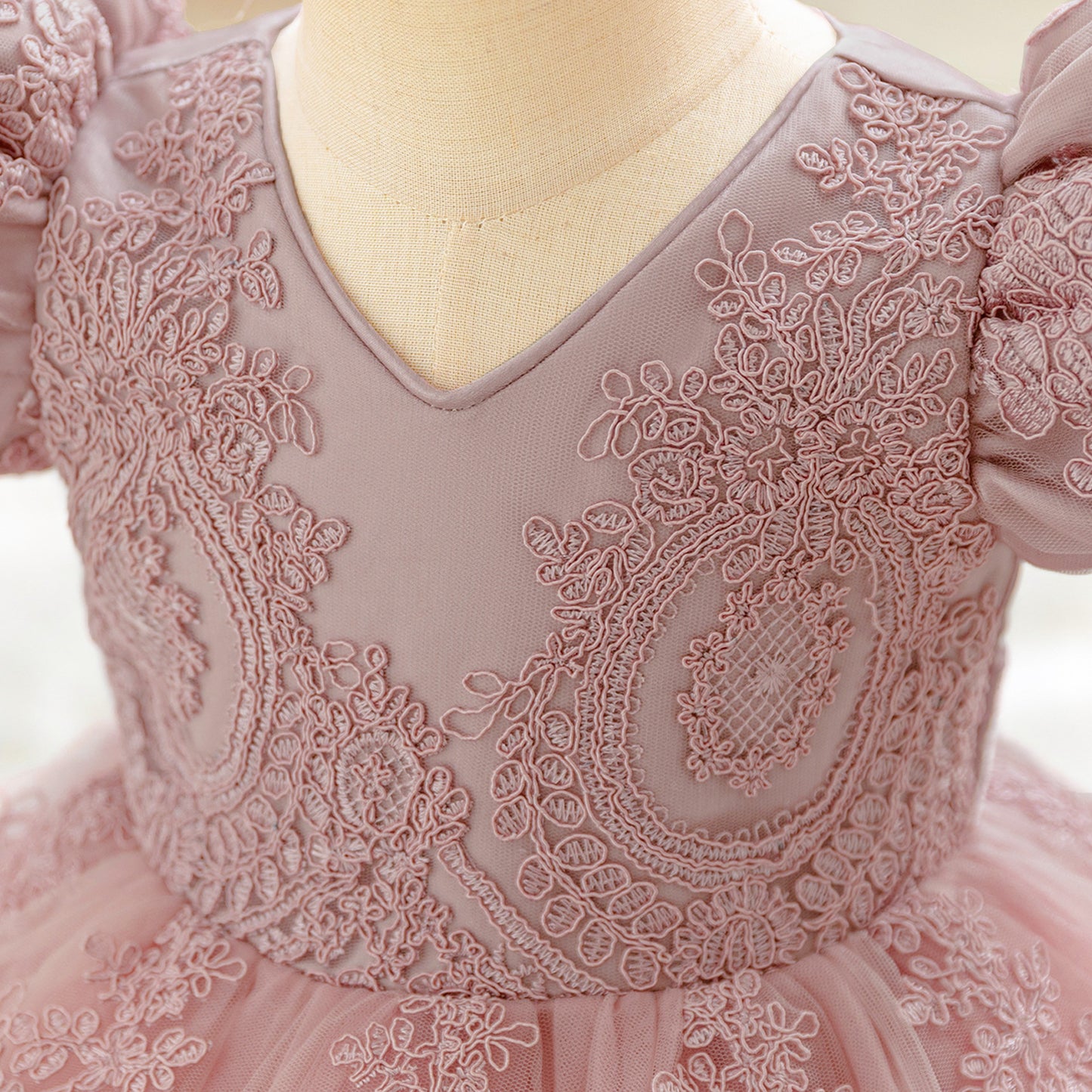 Pink Lace Ball Gown Princess Dress for Girls | Puff Sleeve Tea Length Toddler Party Dress