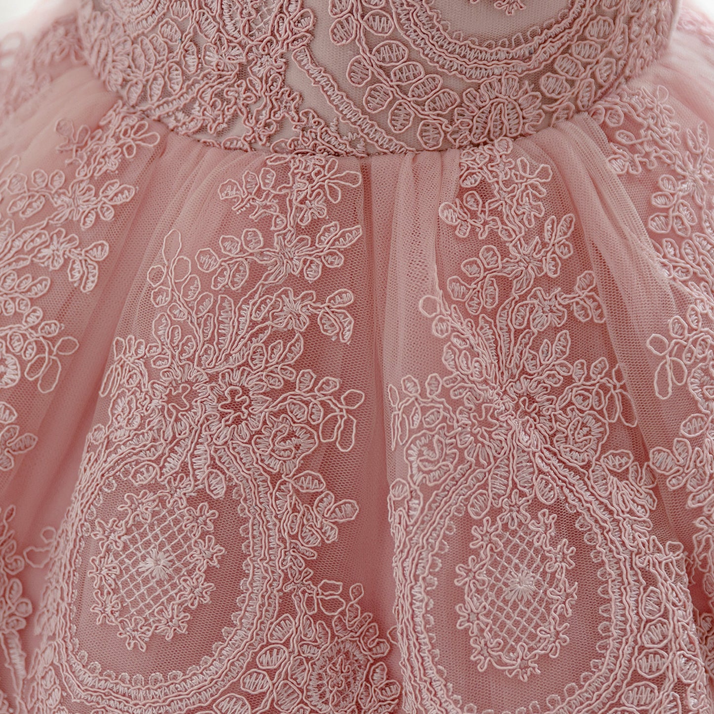 Pink Lace Ball Gown Princess Dress for Girls | Puff Sleeve Tea Length Toddler Party Dress