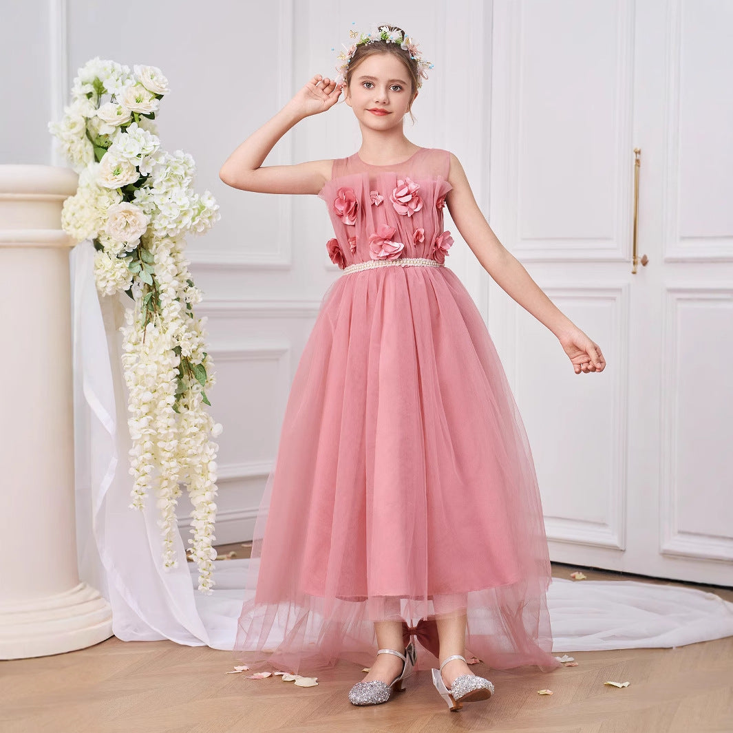 Cute Pink Tulle Off-Shoulder Maxi Dress for Girls | A-Line Princess Gown with Appliqué & Bows