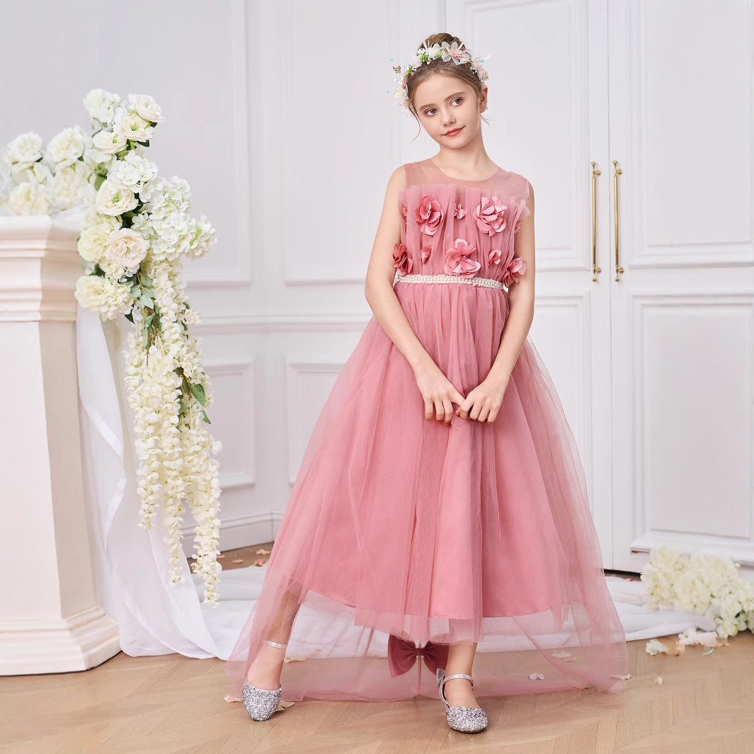 Cute Pink Tulle Off-Shoulder Maxi Dress for Girls | A-Line Princess Gown with Appliqué & Bows