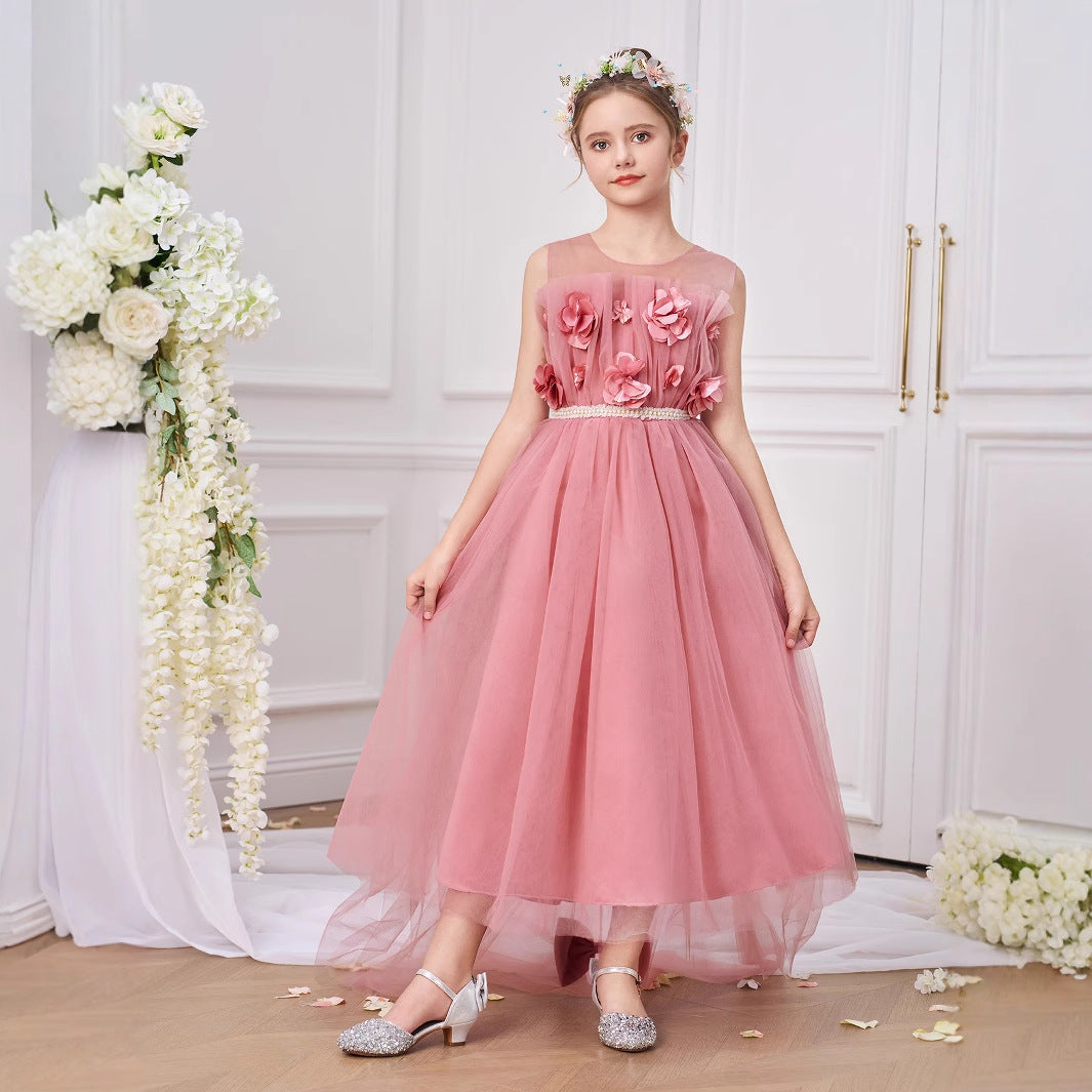 Cute Pink Tulle Off-Shoulder Maxi Dress for Girls | A-Line Princess Gown with Appliqué & Bows