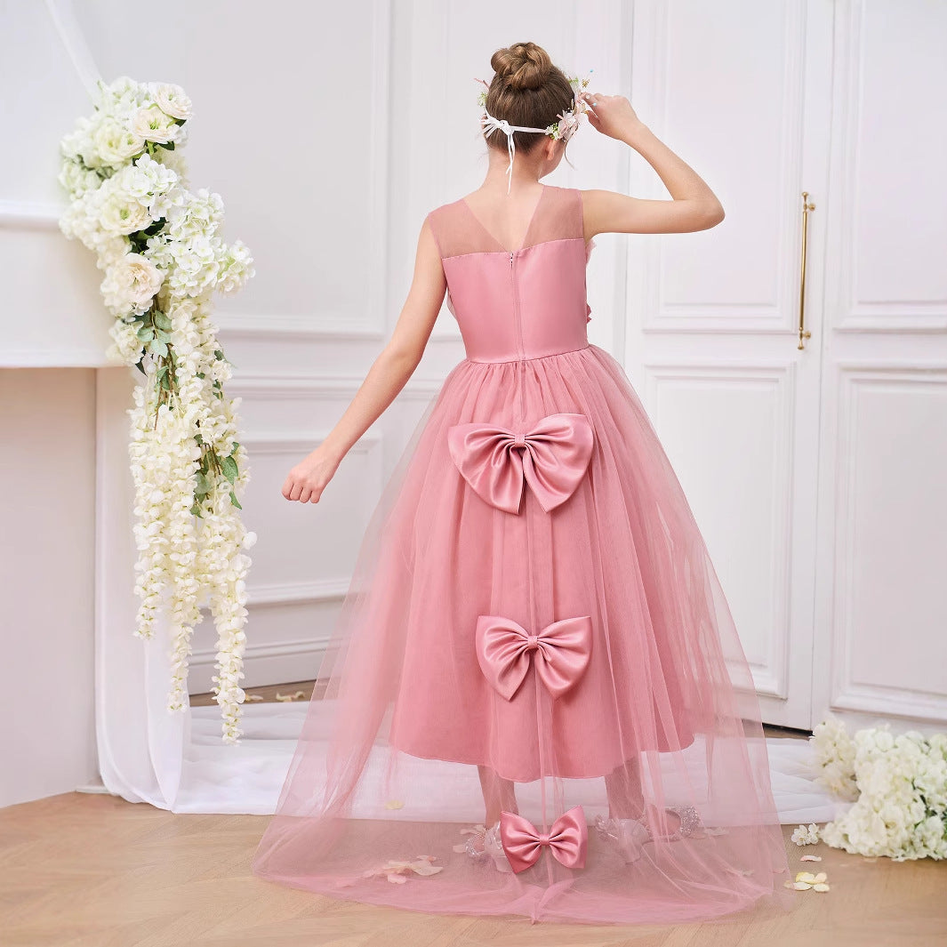 Cute Pink Tulle Off-Shoulder Maxi Dress for Girls | A-Line Princess Gown with Appliqué & Bows