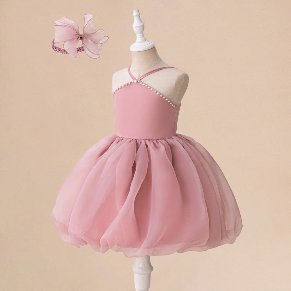 Pink Off-Shoulder Tulle Princess Dress for Girls (3-8 Years) – Sequins, Beads, Tea-Length