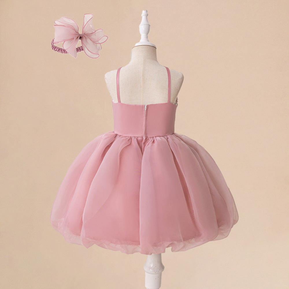 Pink Off-Shoulder Tulle Princess Dress for Girls (3-8 Years) – Sequins, Beads, Tea-Length