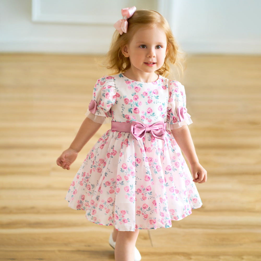 Pink Princess Floral Print Bow Dress for Toddler Girls | Fairy Style Birthday & Party Dress