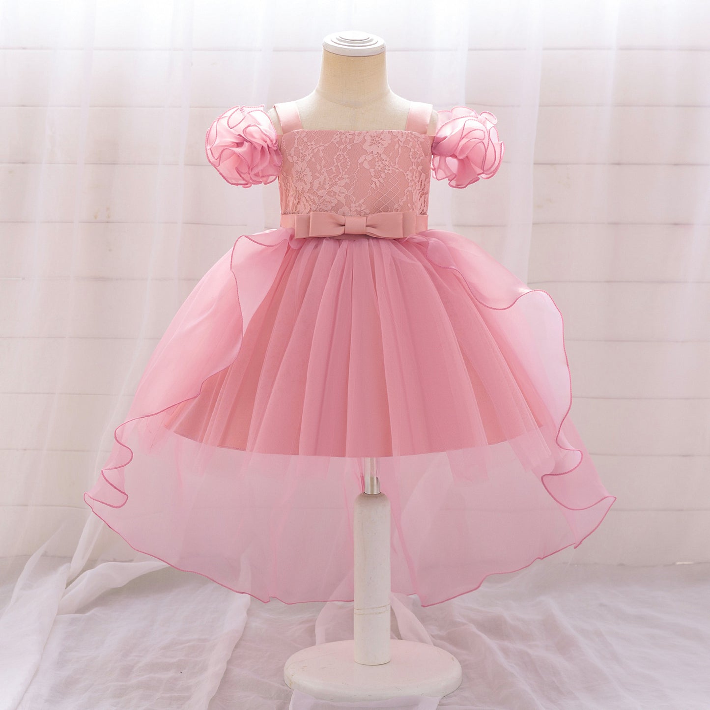 Cute Pink Puffy Off Shoulder High-Low Princess Dress for Girls | Ball Gown Kids Party Dress