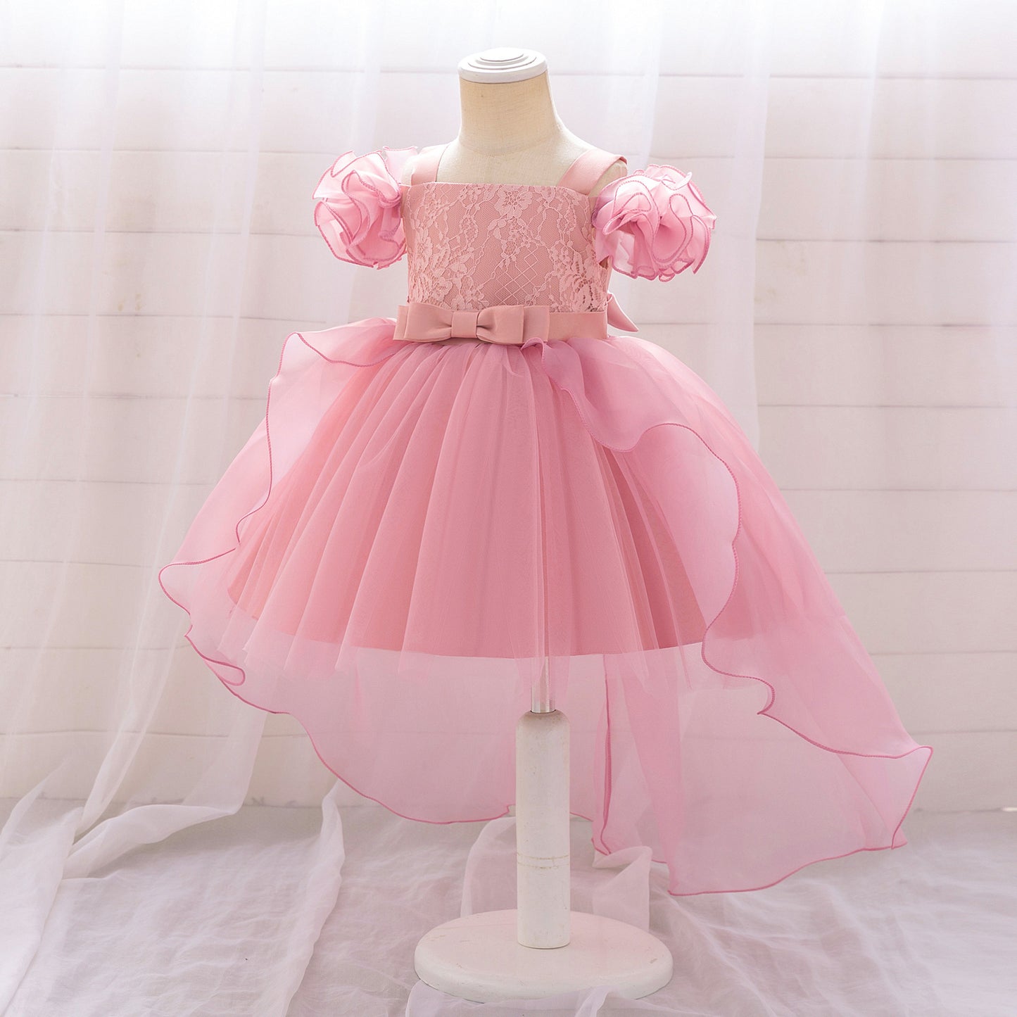 Cute Pink Puffy Off Shoulder High-Low Princess Dress for Girls | Ball Gown Kids Party Dress