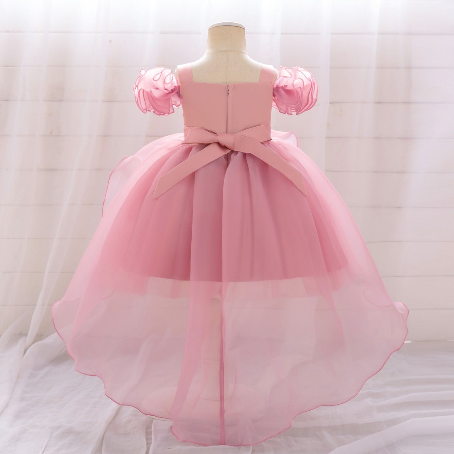 Cute Pink Puffy Off Shoulder High-Low Princess Dress for Girls | Ball Gown Kids Party Dress