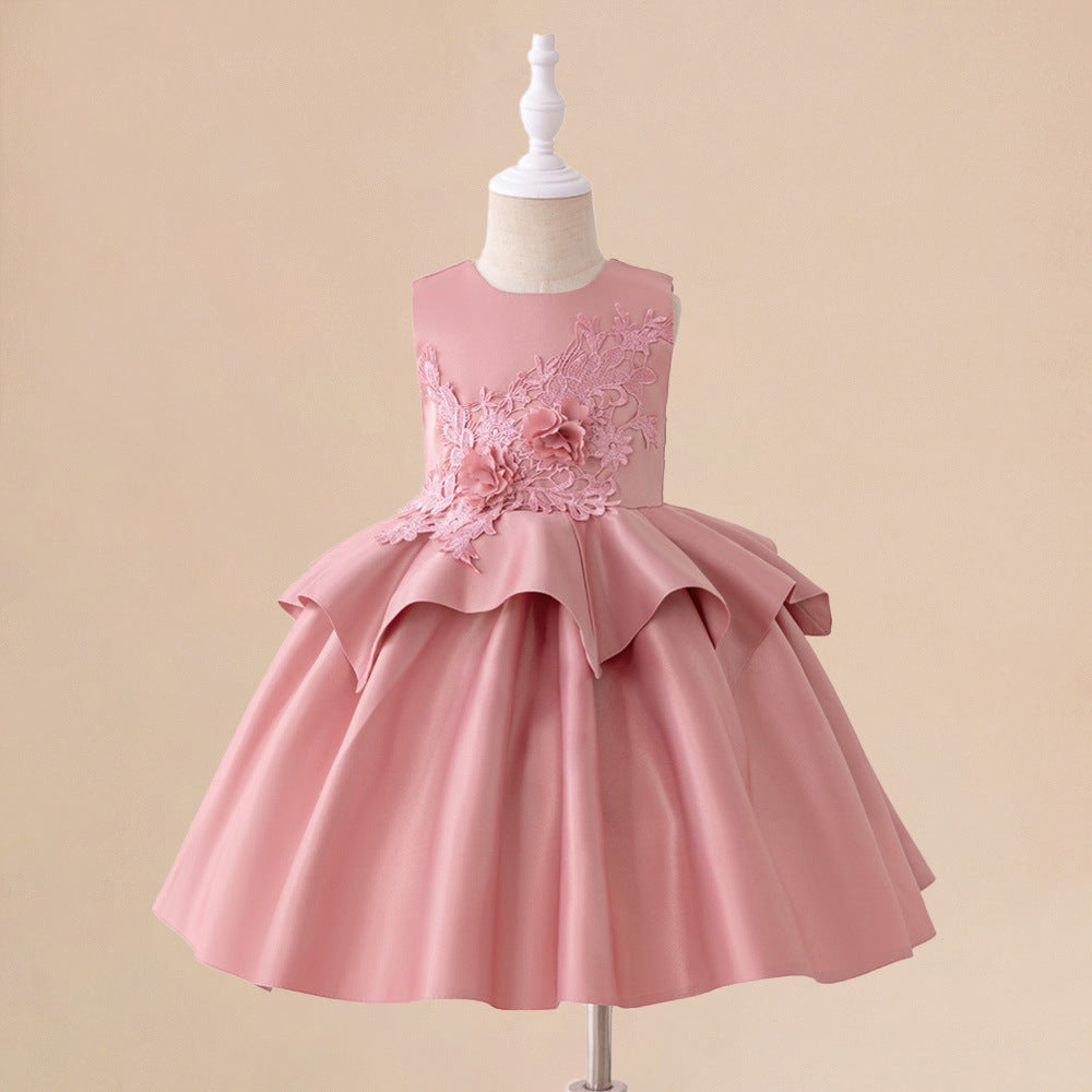 Pink A-Line Princess Dress for Toddlers | Satin Lace Embroidery Flower Girl Outfit