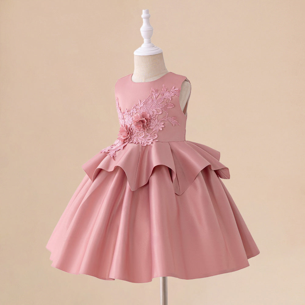 Pink A-Line Princess Dress for Toddlers | Satin Lace Embroidery Flower Girl Outfit