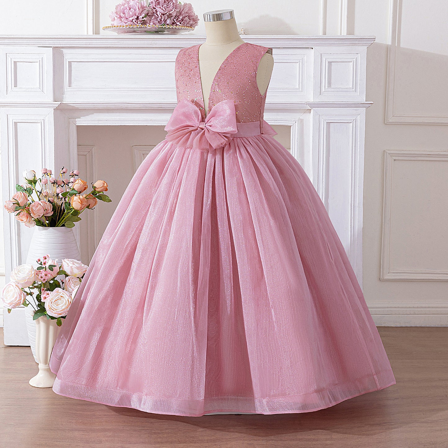 Pink Sequin Bow Princess Dress Maxi – Flower Girl & Party A-Line Gown for Kids