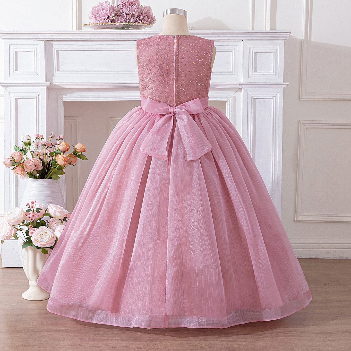 Pink Sequin Bow Princess Dress Maxi – Flower Girl & Party A-Line Gown for Kids
