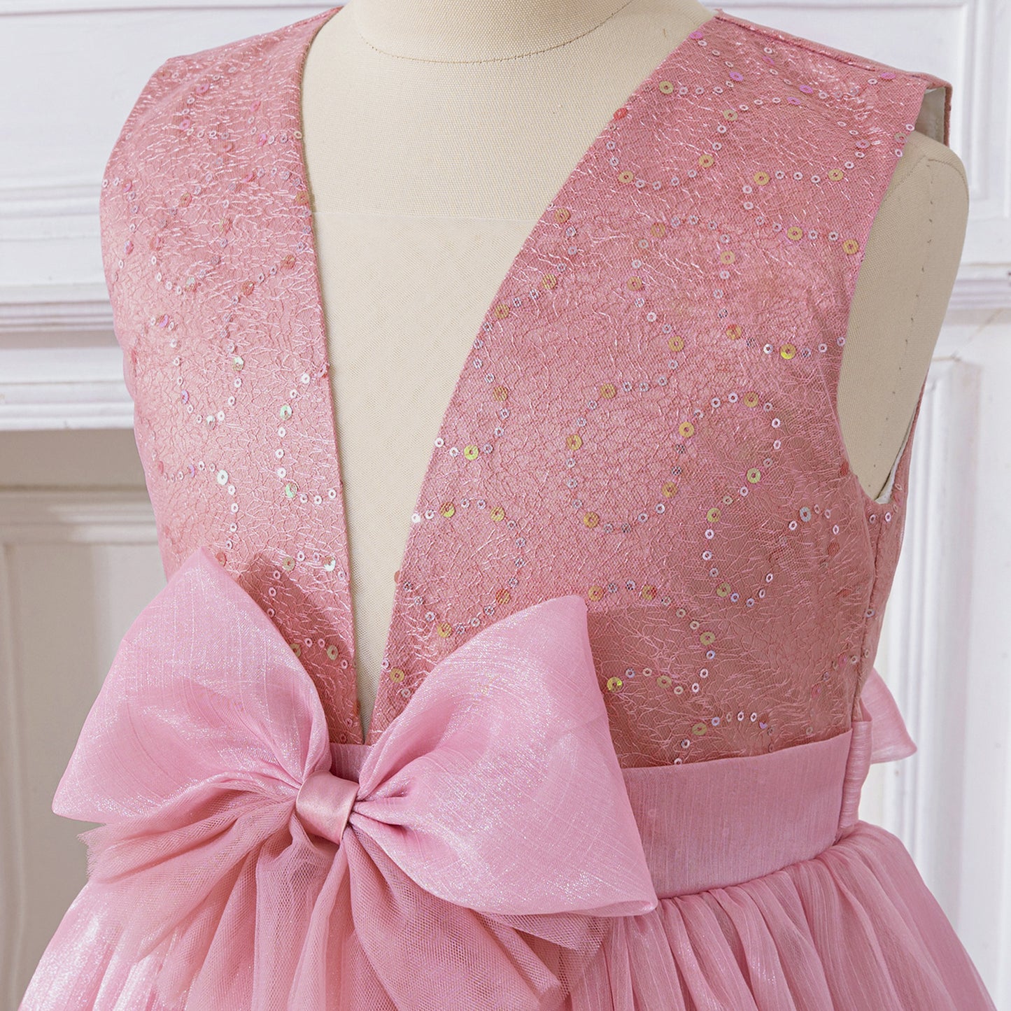 Pink Sequin Bow Princess Dress Maxi – Flower Girl & Party A-Line Gown for Kids