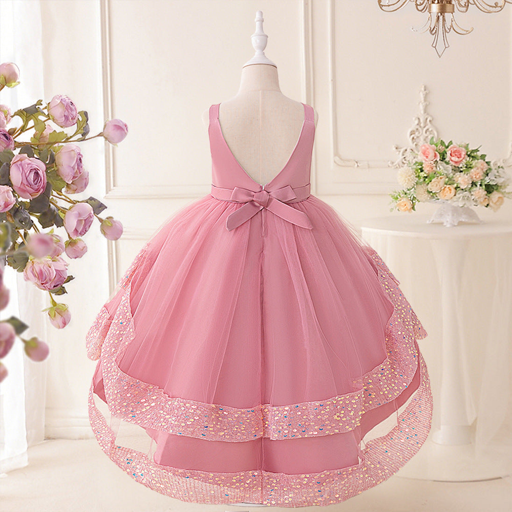 Girls Pink Puffy Off Shoulder Sequin Party Dress | High-Low Princess Gown (Ages 3-10)